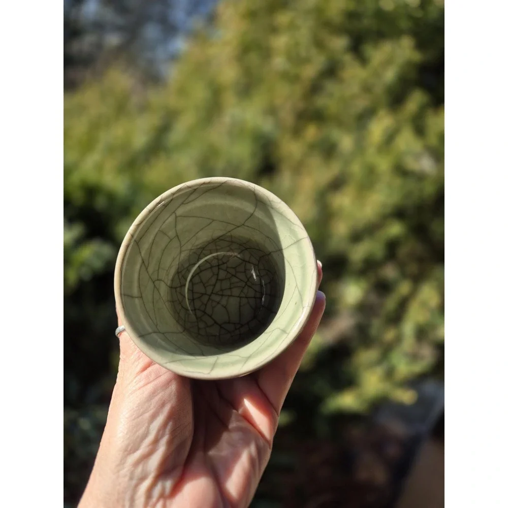 Japanese Double Wall Sake Cup – Somayaki Style Crackle‎ Glaze Tea Cup – Celadon